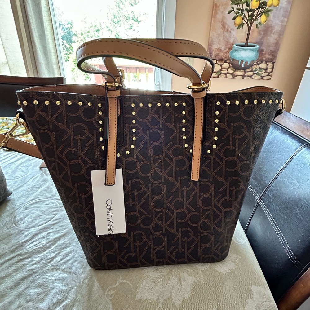 Calvin Klein Dark Brown Monogram Studded Tote